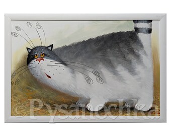 May include: A painting of a gray and white cat with a surprised expression. The cat has large, round eyes and a wide-open mouth. The cat's whiskers are long and curly. The painting is framed in white.