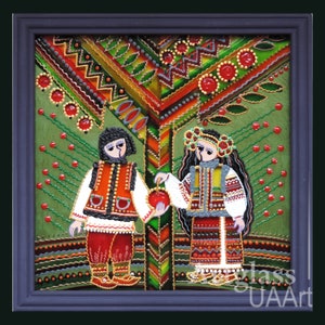 Popolare ucraino, tradizionale dipinto su vetro Fatto a mano Incorniciato, Vetro dipinto, Decorazione murale 20 x 20 cm