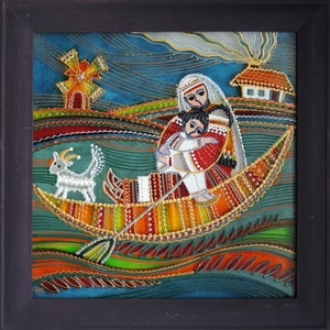 Folk ucraino, tradizionale Pittura su vetro Fatto a mano Con cornice, Vetro dipinto, Decorazione murale 20x20 cm