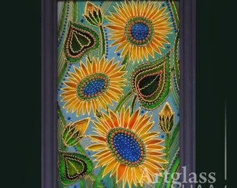 Painting on glass Hand made Ukrainian Folk traditional Wall decor Framed, Painted glass, 5.5"x7.9" (14x20 cm)