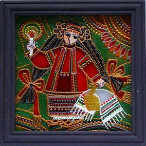 Folk ucraino, Pittura tradizionale su vetro Fatto a mano Incorniciato, Vetro dipinto, Decorazione murale Pysanka Pasqua 14x14 cm