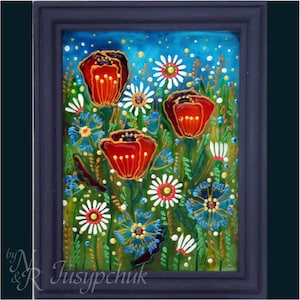 Popolare ucraino, tradizionale dipinto su vetro Fatto a mano Incorniciato, Vetro dipinto, Decorazione murale Pysanka Pasqua 11 x 14 cm