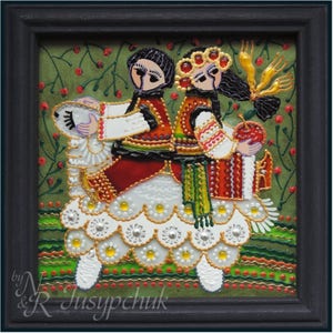 Folk ucraino, Tradizionale Pittura su vetro Fatto a mano Incorniciato, Vetro dipinto, Decorazione murale 14x14 cm