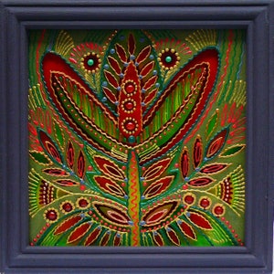 Folk ucraino, Tradizionale Pittura su vetro Fatto a mano Incorniciato, Vetro dipinto, Decorazione murale 14x14 cm