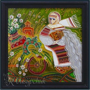 Folk ucraino, Pittura tradizionale su vetro Fatta a mano Incorniciata, Vetro dipinto, Decorazione murale 20x20 cm