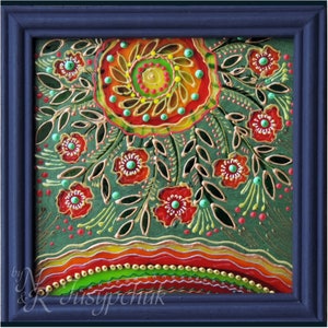 Folk ucraino, Tradizionale Pittura su vetro Fatto a mano Incorniciato, Vetro dipinto, Decorazione murale 14x14 cm