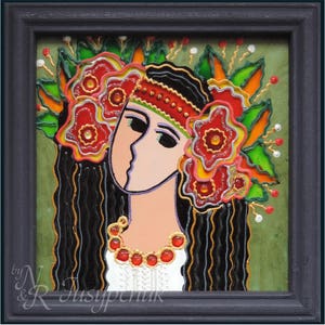 Dipinto popolare ucraino tradizionale su vetro Fatto a mano Incorniciato, Vetro dipinto, Decorazione da parete 14 x 14 cm