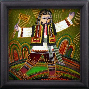 Folk ucraino, Tradizionale Pittura su vetro Fatto a mano Incorniciato, Vetro dipinto, Decorazione murale 14x14 cm