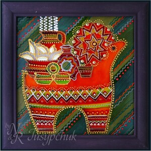 Folk ucraino, Tradizionale Pittura su vetro Fatto a mano Incorniciato, Vetro dipinto, Decorazione murale 14x14 cm