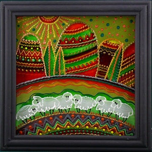 Popolare ucraino, tradizionale dipinto su vetro Fatto a mano Incorniciato, Vetro dipinto, Decorazione murale Pysanka Pasqua 14 x 14 cm