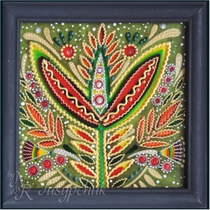 Folk ucraino, Tradizionale Pittura su vetro Fatto a mano Incorniciato, Vetro dipinto, Decorazione murale 14x14 cm