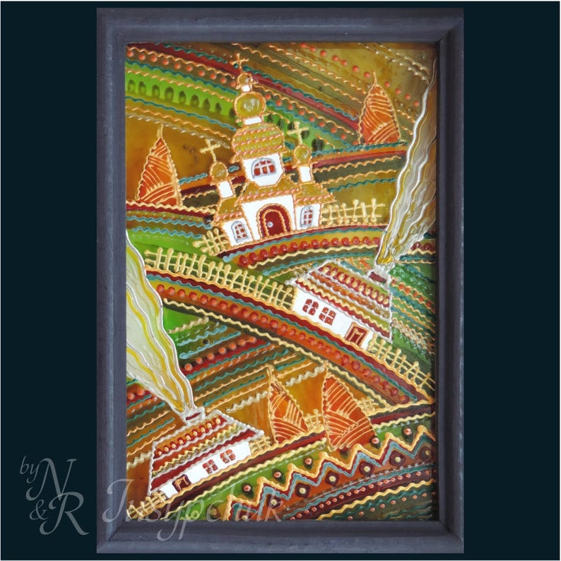 Ukrainian Folk, traditional Painting on glass Hand made Framed, Painted glass, Wall decor 14x20 cm image 1