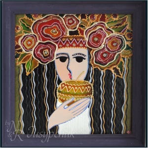 Folk ucraino, Tradizionale Pittura su vetro Fatto a mano Incorniciato, Vetro dipinto, Decorazione murale 14x14 cm