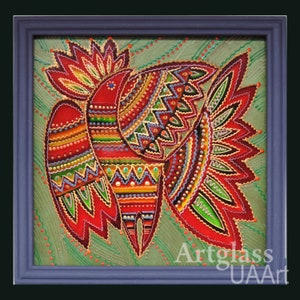 Popolare ucraino, tradizionale dipinto su vetro Fatto a mano Incorniciato, Vetro dipinto, Decorazione murale 20 x 20 cm