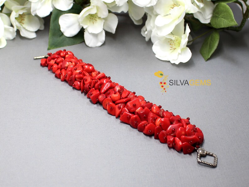 Coral Jewellery. Scarlet Rose Ruby Red Bracelet Natural Red Coral Heavy Gemstone Beaded Handmade Band Bracelet