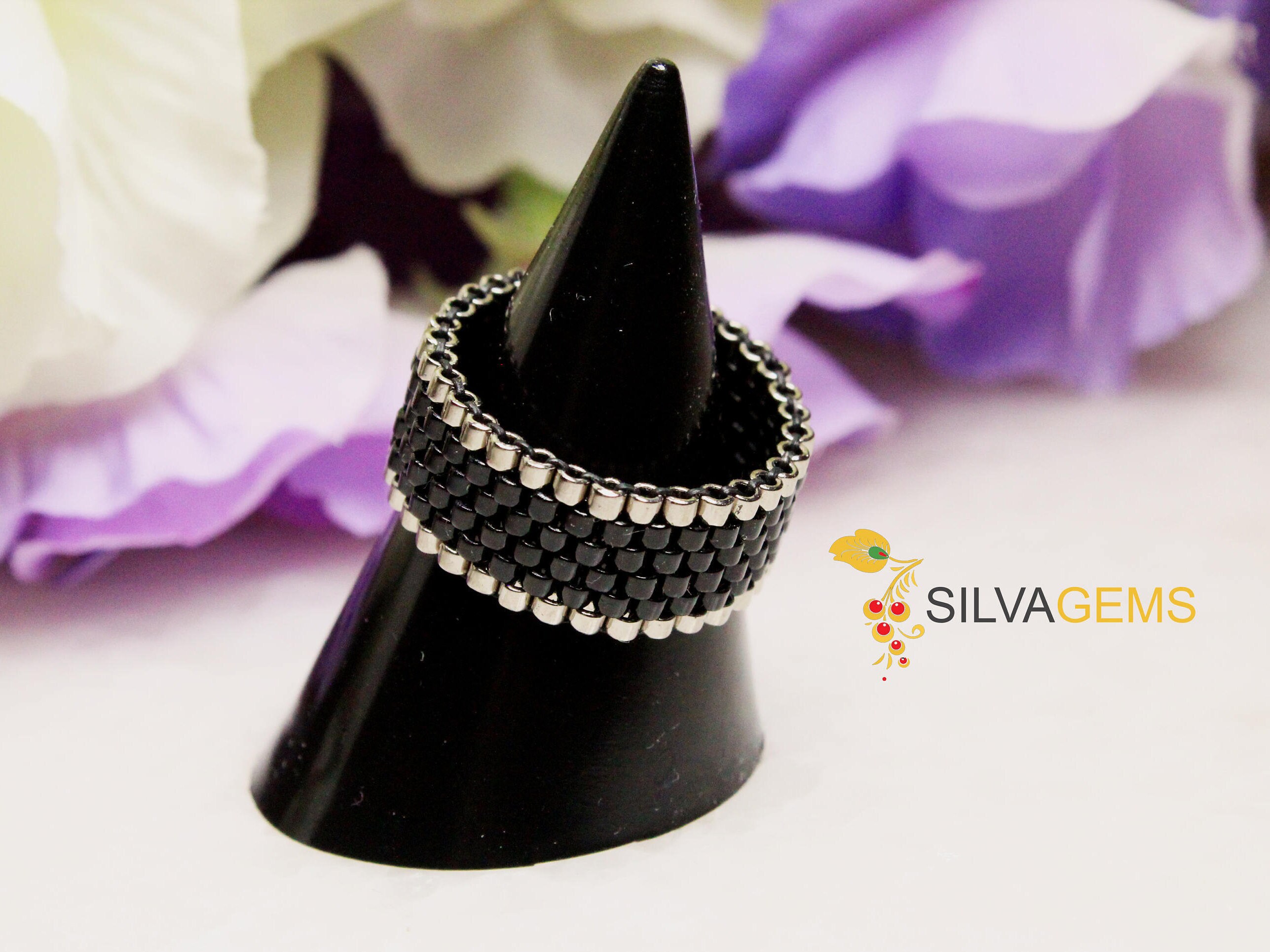 Unisex Silver and Black Beaded Band Ring. Fashion Ring for - Etsy UK