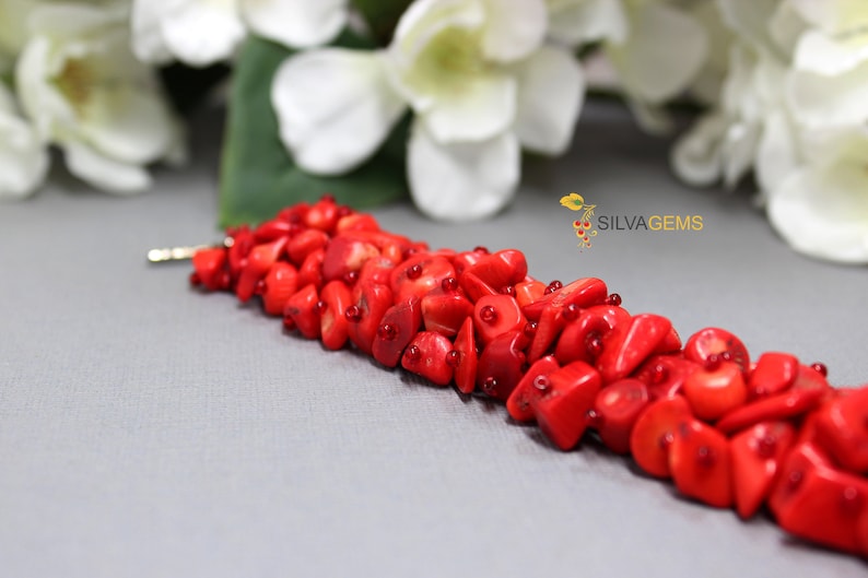 Coral Jewellery. Scarlet Rose Ruby Red Bracelet Natural Red Coral Heavy Gemstone Beaded Handmade Band Bracelet