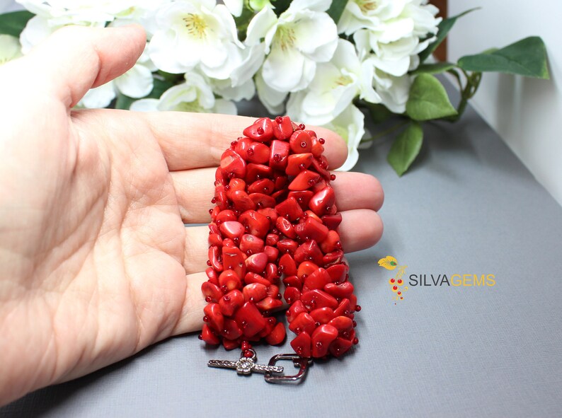 Coral Jewellery. Scarlet Rose Ruby Red Bracelet Natural Red Coral Heavy Gemstone Beaded Handmade Band Bracelet