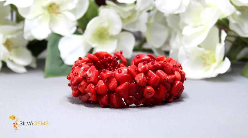 Coral Jewellery. Scarlet Rose Ruby Red Bracelet Natural Red Coral Heavy Gemstone Beaded Handmade Band Bracelet
