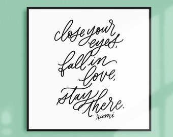 fall in love / PRINTABLE art / rumi / calligraphy print / hand lettered quote