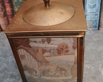 Vintage Embossed Brass on Wood Tea Caddy featuring a Foil Art Country Scene - Tin lined