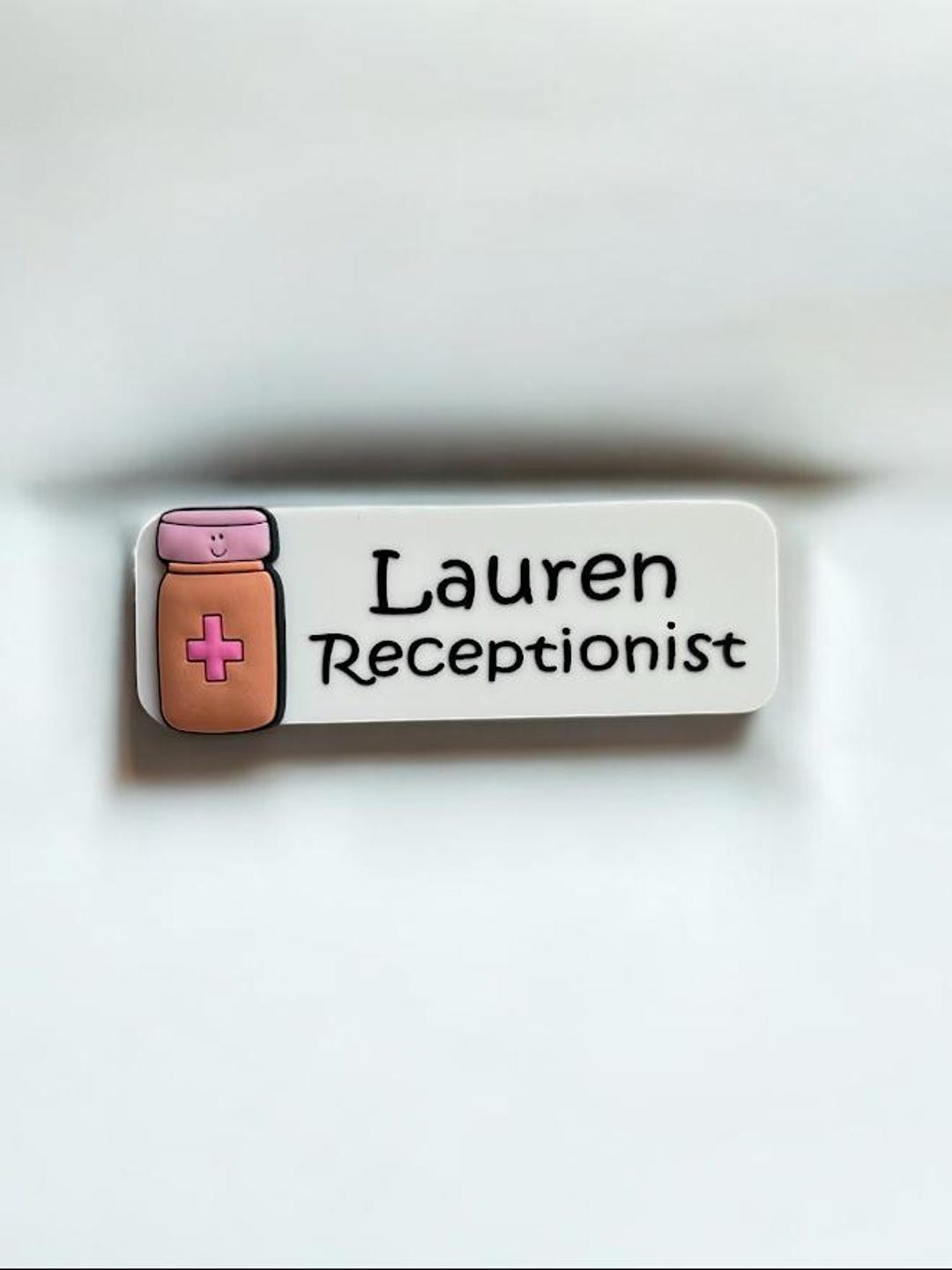 Personalised Acrylic Name Badge With PVC Embellishment Medicine Bottle