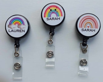 New!  Cute Personalised Rainbow (Choice Of Design - Sold Seperately) Elasticated/Retractable Badge Reel Holder!   UK SELLER!