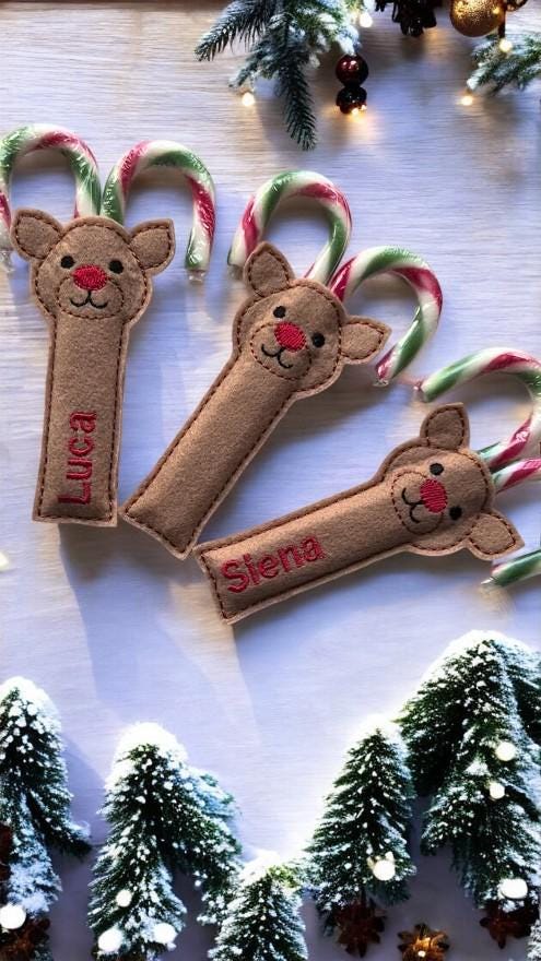 (Set of 2pcs)Personalized Adorable Reindeer Candy Cane Holders, Great for Xmas Eve Box, Hang on the Tree or Gifts for Friends