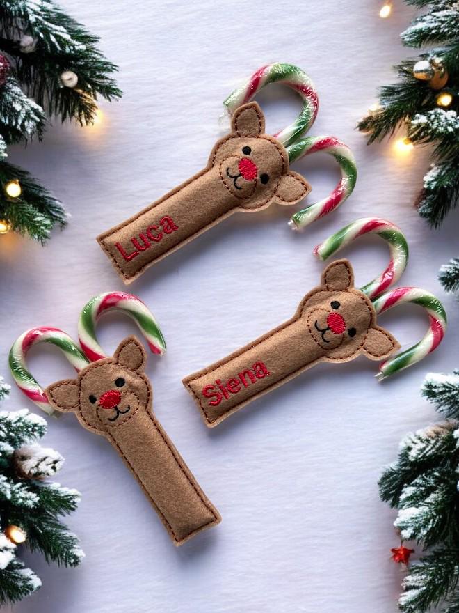 (Set of 2pcs)Personalized Adorable Reindeer Candy Cane Holders, Great for Xmas Eve Box, Hang on the Tree or Gifts for Friends