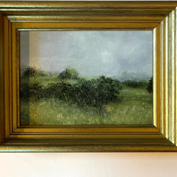 Klein origineel olielandschap van parkveld en bomen in antieke lijst 10 x 8