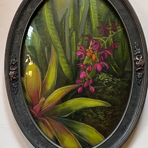 Retrato botânico original de orquídea e suculenta em óleo em moldura de vidro convexo antigo e madeira 14 x 19