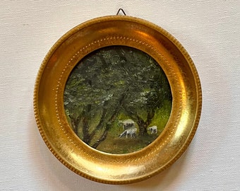 Kleine runde Öllandschaft mit Bäumen und grasenden Schafen in einem 5" goldenen italienischen Florentiner-Vintage-Rahmen