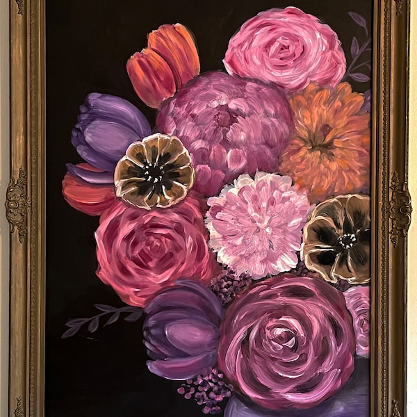 Pintura al óleo floral de estilo antiguo en marco antiguo GRANDE de más de 100 años de antigüedad, 24 x 32