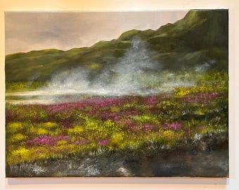 Original Landscape of Low Geysers Over Flowers in Iceland 16x12
