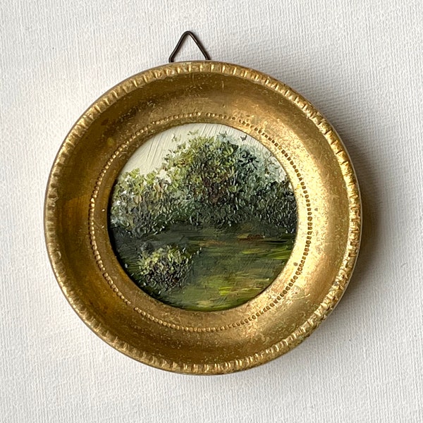 Mini Oil Landscape of Meadow and Trees in Vintage Italian Gold Florentine Round Wood Frame