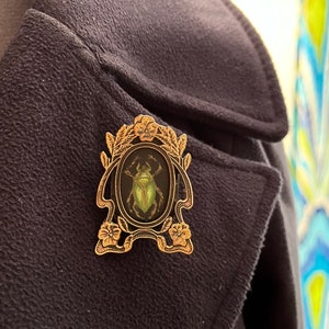 Jewel Beetle Brooch: Miniature Oil Painting in Antique Brass Frame