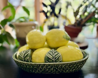 Gorgeous Vintage Lemon Ceramic Centerpiece in Dark Green Bowl, 12x7x5