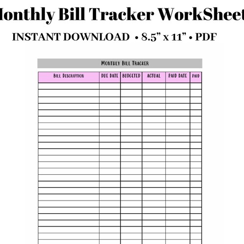 Monthly Bill Tracker Worksheet Payment Tracker PDF Budget - Etsy