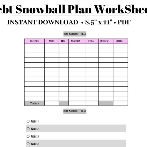 Debt Snowball Plan Budget Worksheet Debt Tracker PDF - Etsy