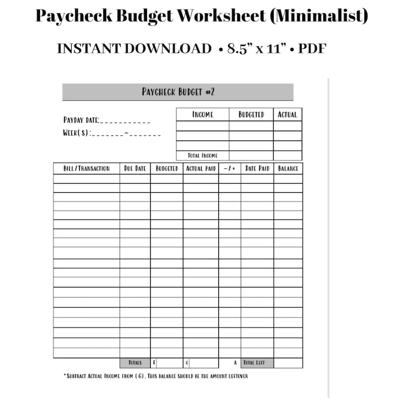 Gehaltsscheck Budget Arbeitsblätter Minimalistischer Budget Planer PDF Budget Einsatz 8,5 x 11 Geldumschlag Sinkende Funde Gehaltsscheck zu Gehaltsscheck Bild 1
