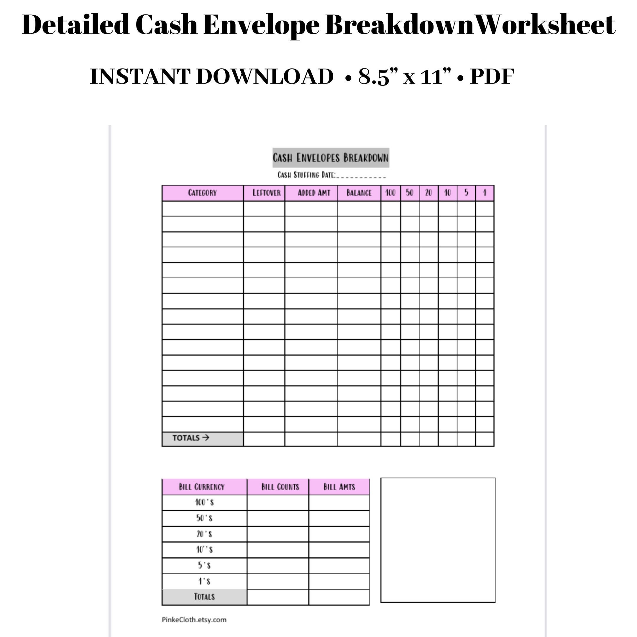 Cash Envelope Breakdown Worksheet | Cash Stuffing | Spending | Cash PDF |  Budget Insert | | 8.5 x 11 | | INSTANT DOWNLOAD 