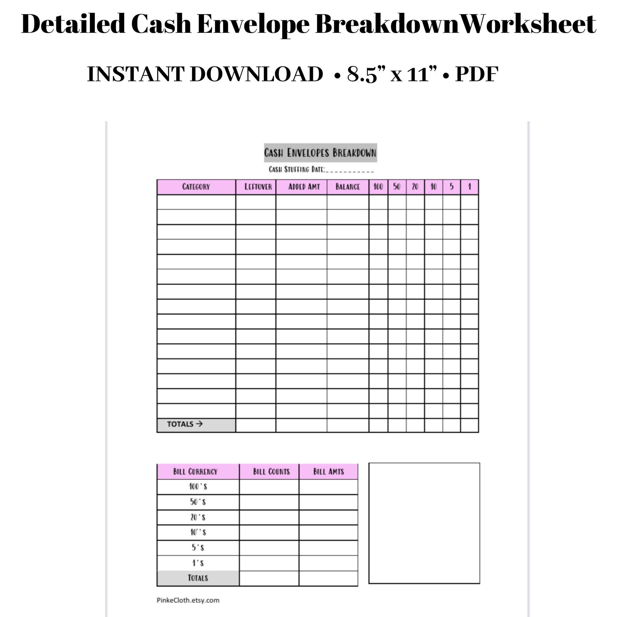 Cash Envelope Breakdown Worksheet Cash Stuffing Spending Etsy UK