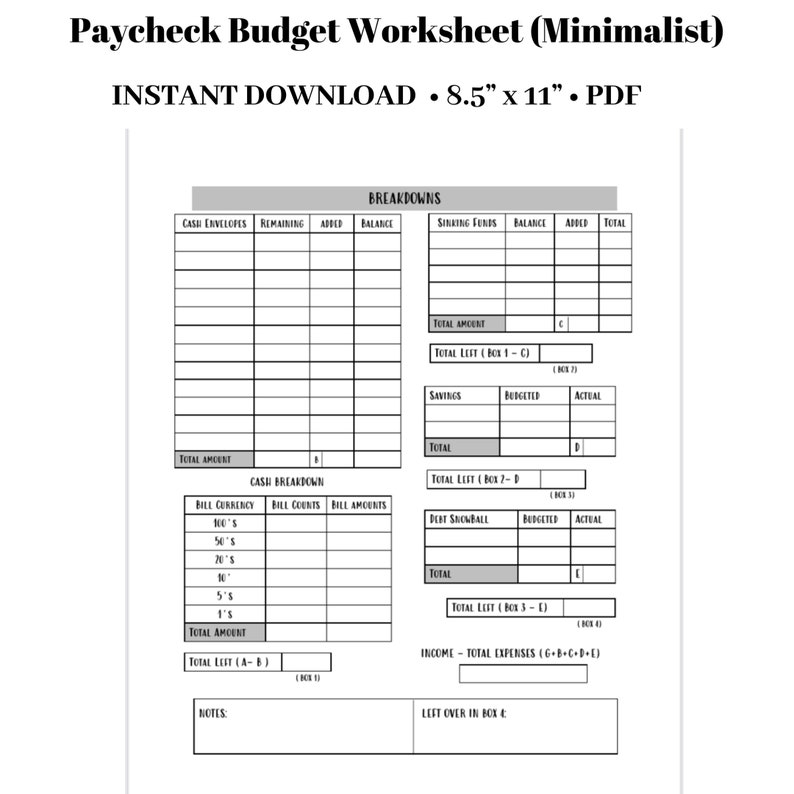 Gehaltsscheck Budget Arbeitsblätter Minimalistischer Budget Planer PDF Budget Einsatz 8,5 x 11 Geldumschlag Sinkende Funde Gehaltsscheck zu Gehaltsscheck Bild 2