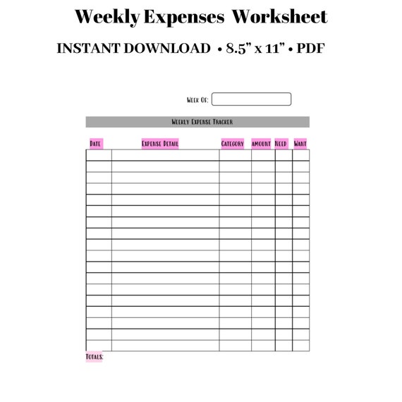 Weekly Expenses Worksheet Spending tracker PDF Budget | Etsy