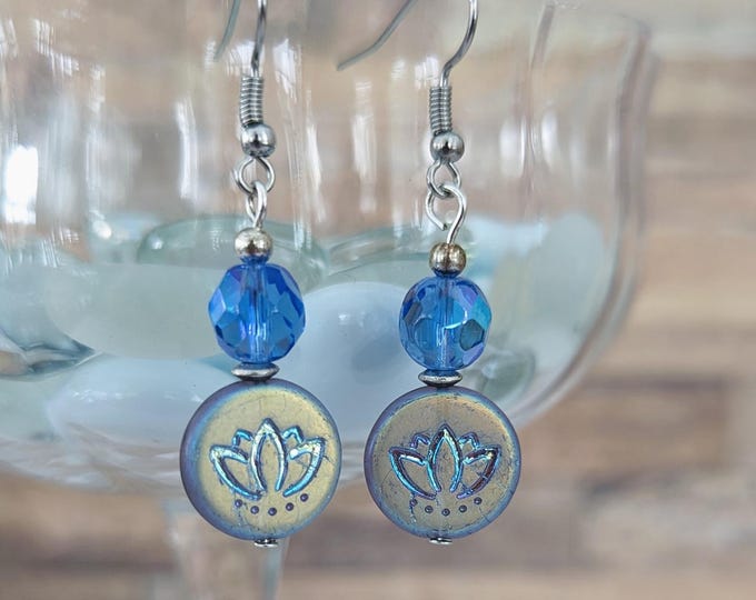 Iridescent Blue and Purple Lotus Flower Earrings