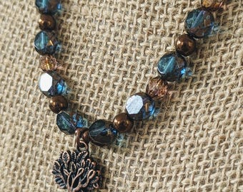 Rustic Copper and Blue Table-cut Czech Glass Necklace with Tree of Life Charm