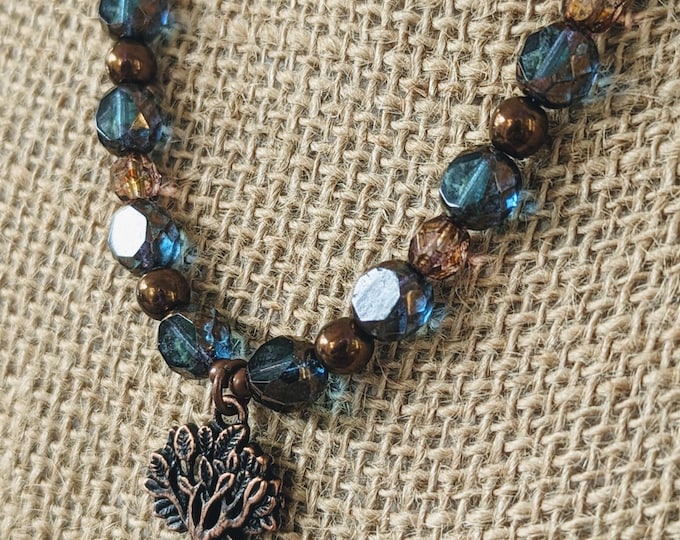 Rustic Copper and Blue Table-cut Czech Glass Necklace with Tree of Life Charm