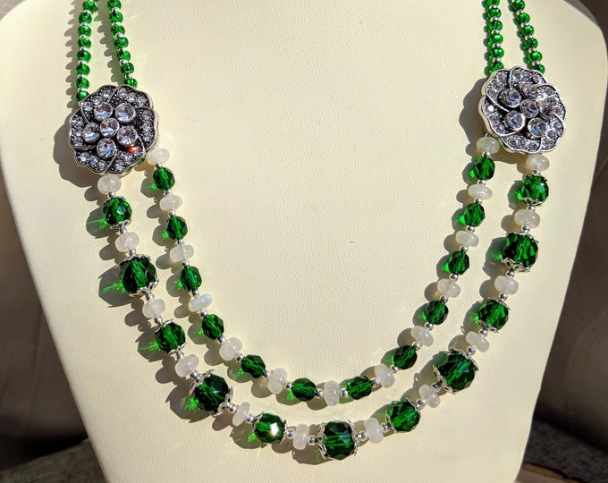 Green & White Beaded Necklace | 18” Czech Fire-Polished Glass and Moonstone Necklace with Crystal Accents