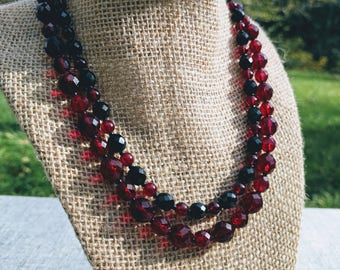 Red and Black Czech Glass Beaded Jewelry Set | Two-Strand Necklace & Bracelet with Toggle Clasps