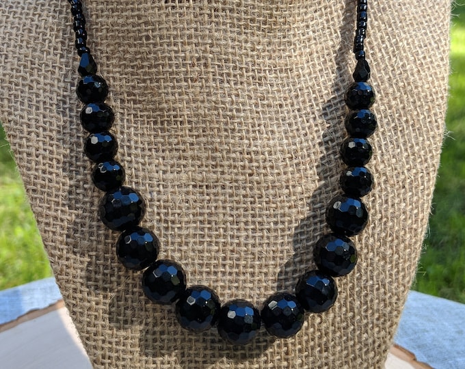 Black Glass Bead Jewelry Set | Layered Bracelet with Toggle Clasp & 18” Necklace | Handmade Gift for Her